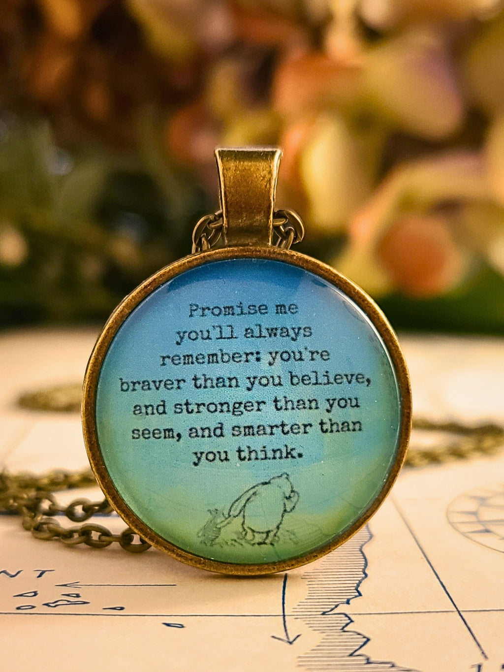 Winnie the Pooh Promise Me Necklace or Keyring, Braver Than You Believe Quote, Graduation Gift From Mom, Handmade Glass Pendant, Personalized Inspirational Gift for Her