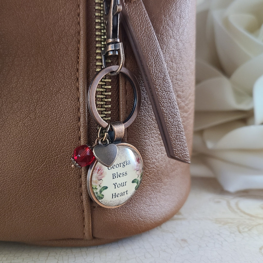 Bless Your Heart Necklace or Keychain, Southern Saying Vintage Floral Rose Pendant, Funny Southern Gift for Women, Personalized Name