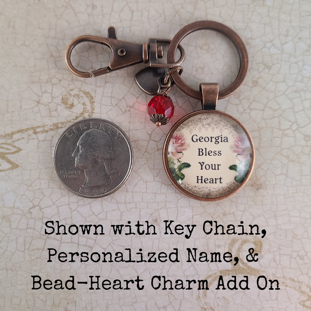 Bless Your Heart Necklace or Keychain, Southern Saying Vintage Floral Rose Pendant, Funny Southern Gift for Women, Personalized Name
