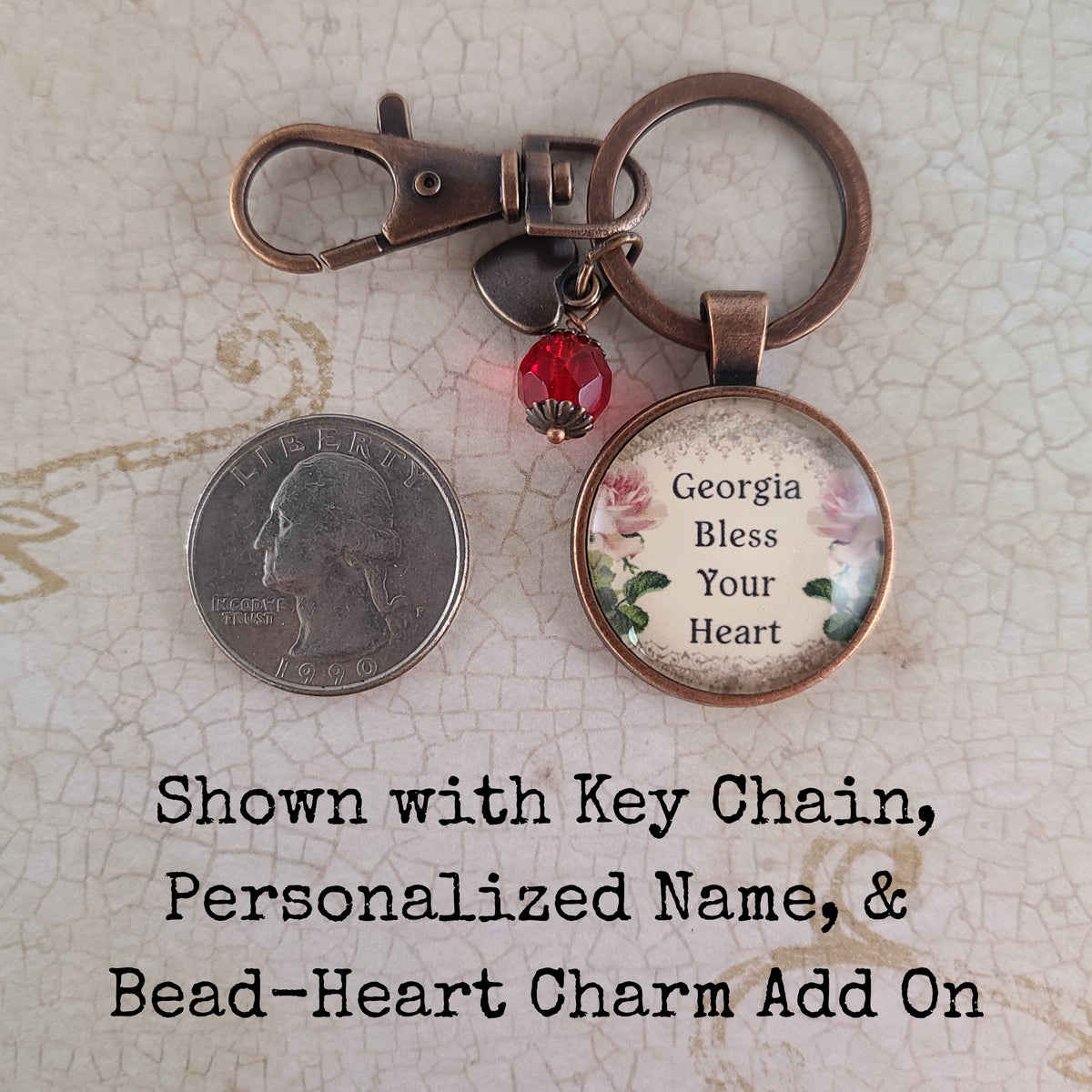 Bless Your Heart Necklace or Keychain, Southern Saying Vintage Floral Rose Pendant, Funny Southern Gift for Women, Personalized Name