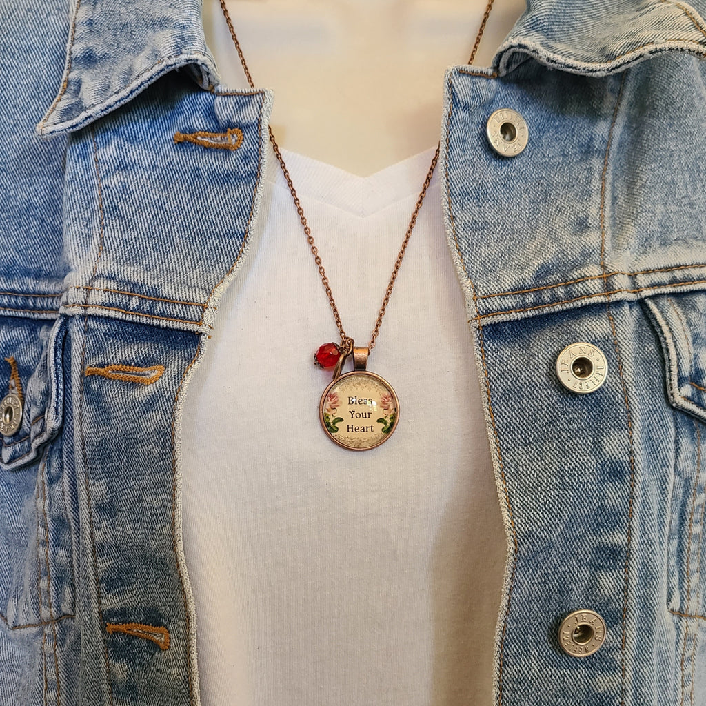 Bless Your Heart Necklace or Keychain, Southern Saying Vintage Floral Rose Pendant, Funny Southern Gift for Women, Personalized Name