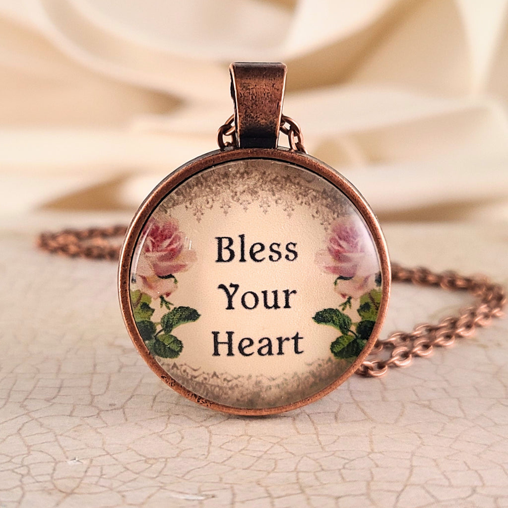Bless Your Heart Necklace or Keychain, Southern Saying Vintage Floral Rose Pendant, Funny Southern Gift for Women, Personalized Name