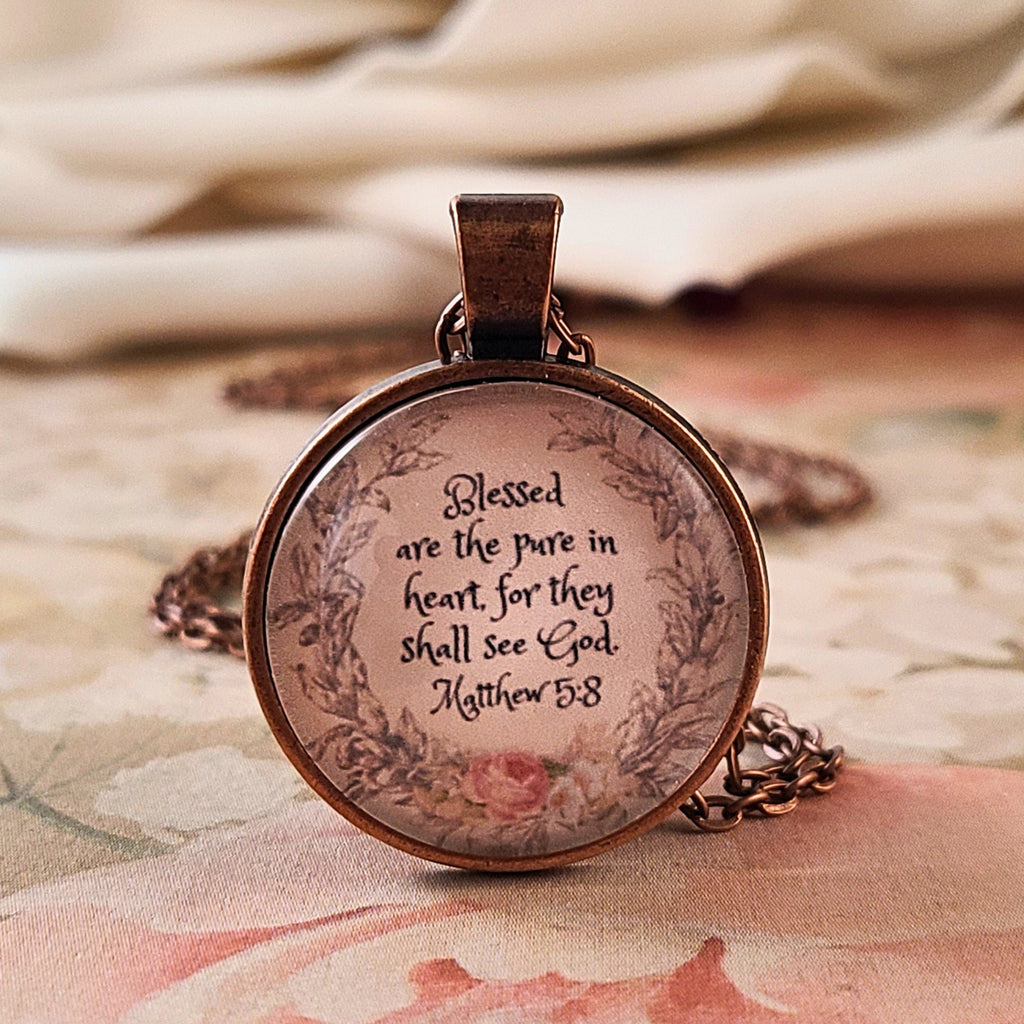 Blessed Are the Pure in Heart Necklace, Matthew 5:8 Bible Verse Pendant