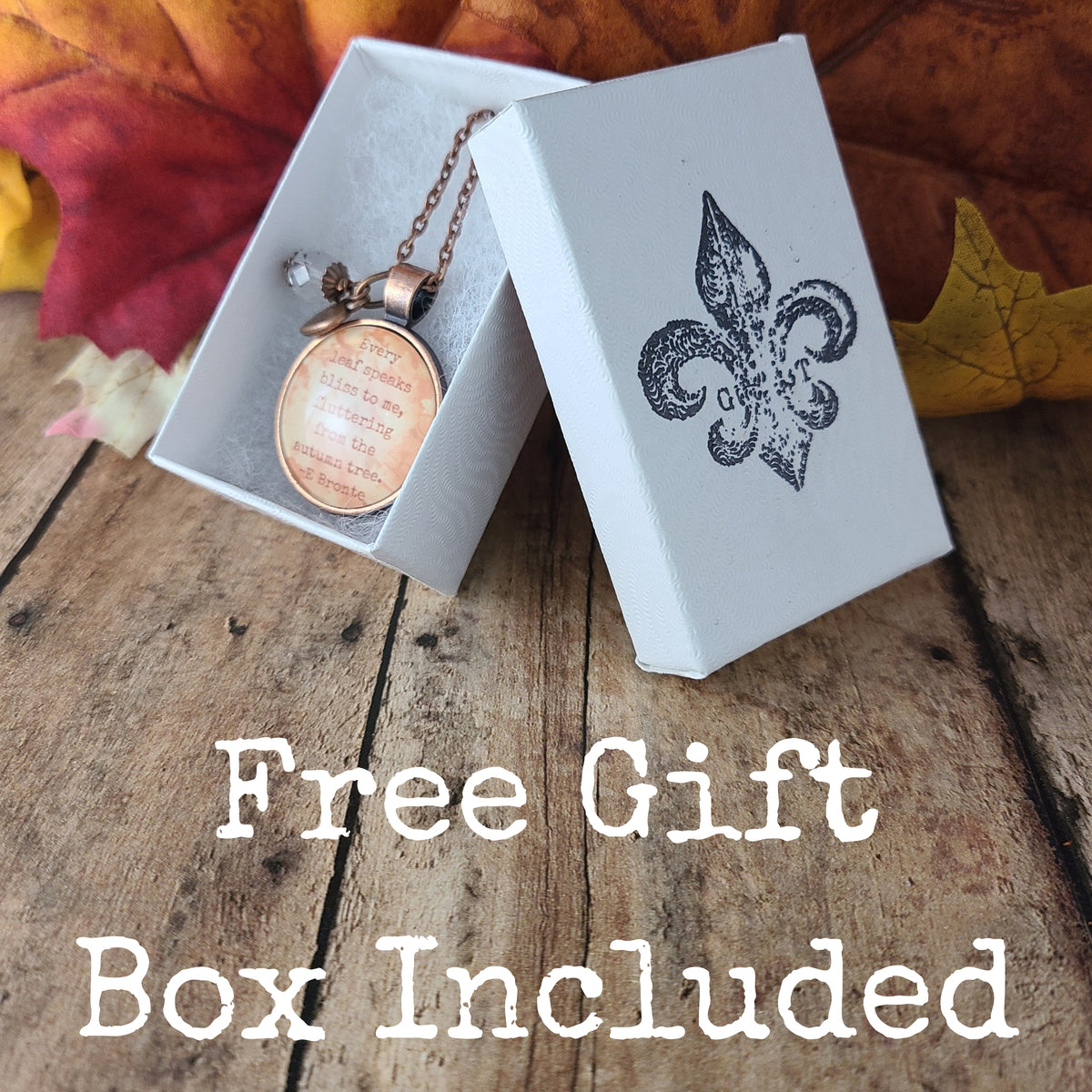 Autumn Jewelry, Fall Leaves Necklace, Emily Bronte Quote Pendant, Every Leaf Speaks Bliss