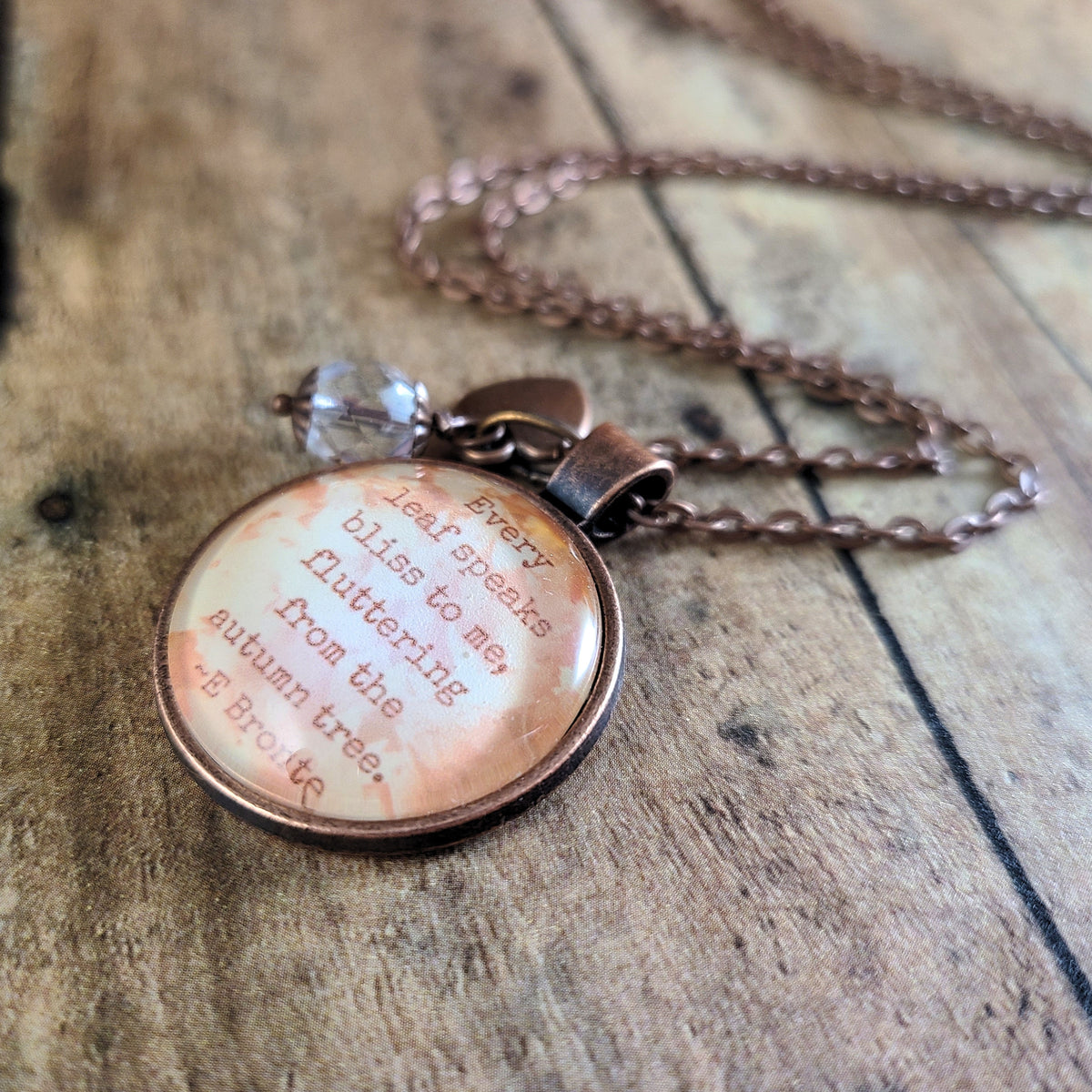 Autumn Jewelry, Fall Leaves Necklace, Emily Bronte Quote Pendant, Every Leaf Speaks Bliss