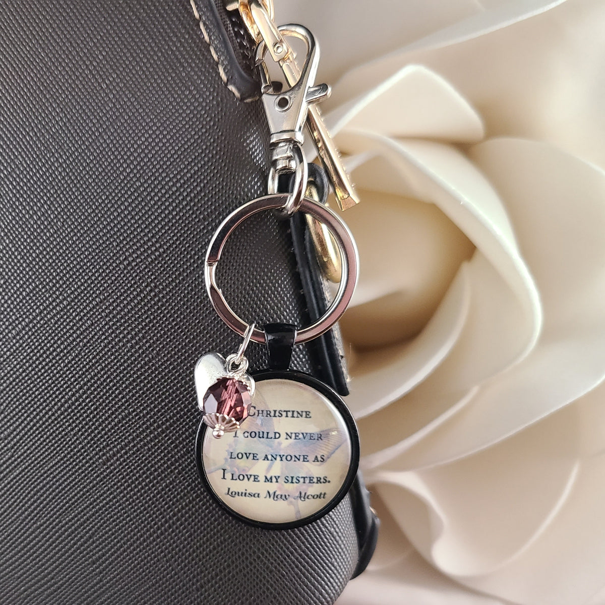 Sisters Quote Necklace or Keychain, I Could Never Love Anyone As I Love My Sisters, Alcott Butterfly Pendant, Gift for Sister, Personalized