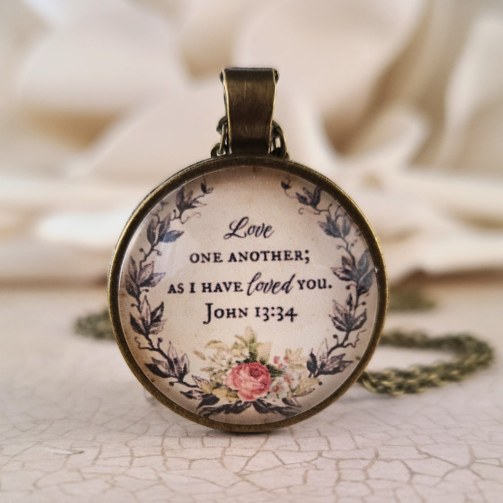 Bible Verse Necklace or Keychain, Love One Another As I Have Loved You, John 13 34 Floral Scripture Pendant, Christian Gift, Personalized