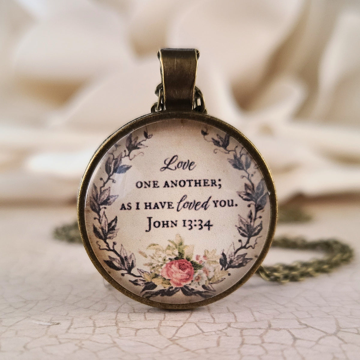 Bible Verse Necklace or Keychain, Love One Another As I Have Loved You, John 13 34 Floral Scripture Pendant, Christian Gift, Personalized