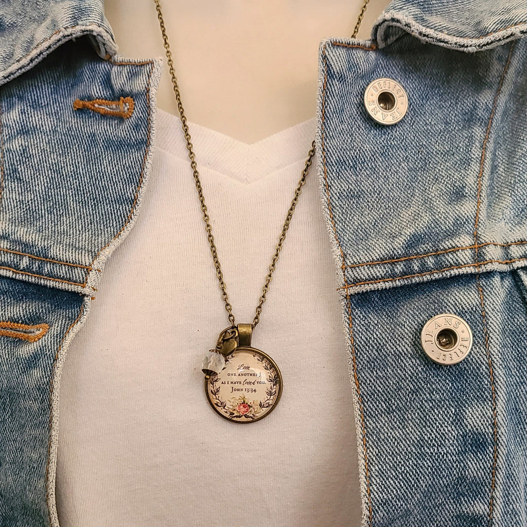 Bible Verse Necklace or Keychain, Love One Another As I Have Loved You, John 13 34 Floral Scripture Pendant, Christian Gift, Personalized
