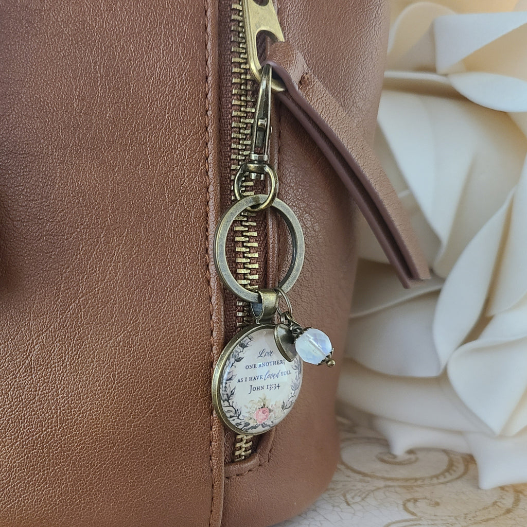 Bible Verse Necklace or Keychain, Love One Another As I Have Loved You, John 13 34 Floral Scripture Pendant, Christian Gift, Personalized