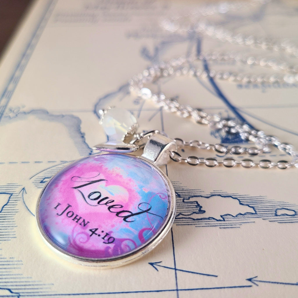 Loved 1 John 4:19 Bible Verse Necklace or Keychain — Christian Gift Baptism Gift Encouragement Gift