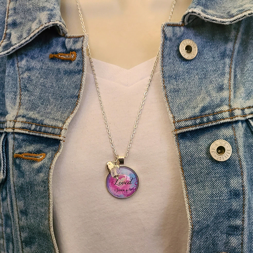 Loved 1 John 4:19 Bible Verse Necklace or Keychain — Christian Gift Baptism Gift Encouragement Gift
