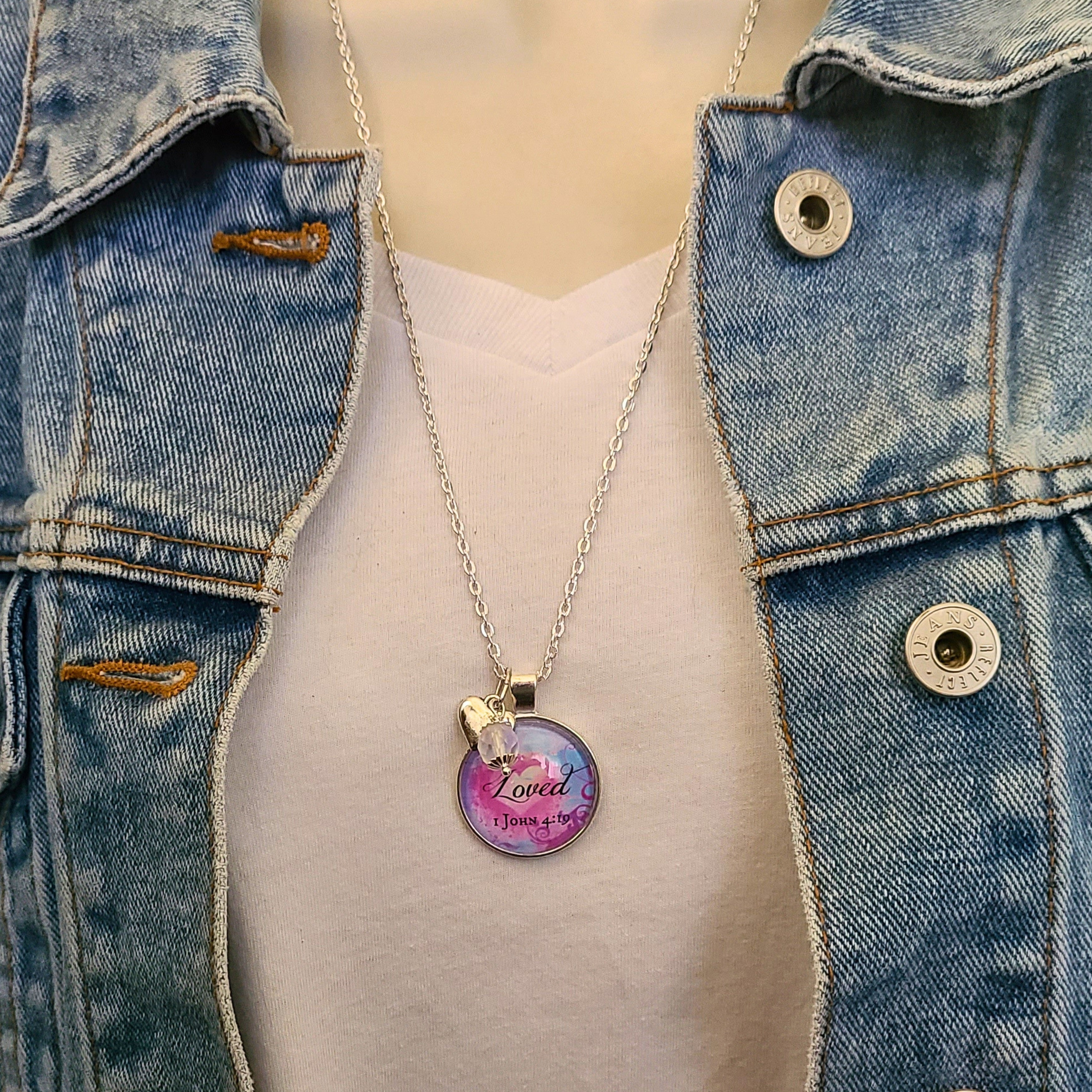 Loved 1 John 4:19 Bible Verse Necklace or Keychain — Christian Gift Baptism Gift Encouragement Gift