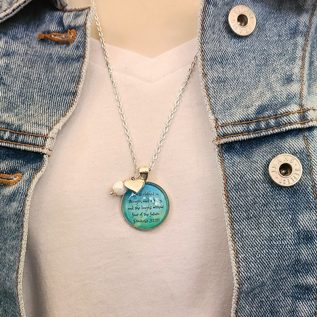 She Is Clothed in Strength and Dignity Necklace or Keychain | Proverbs 31:25 Bible Verse | Christian Scripture Gift for Her | Personalized