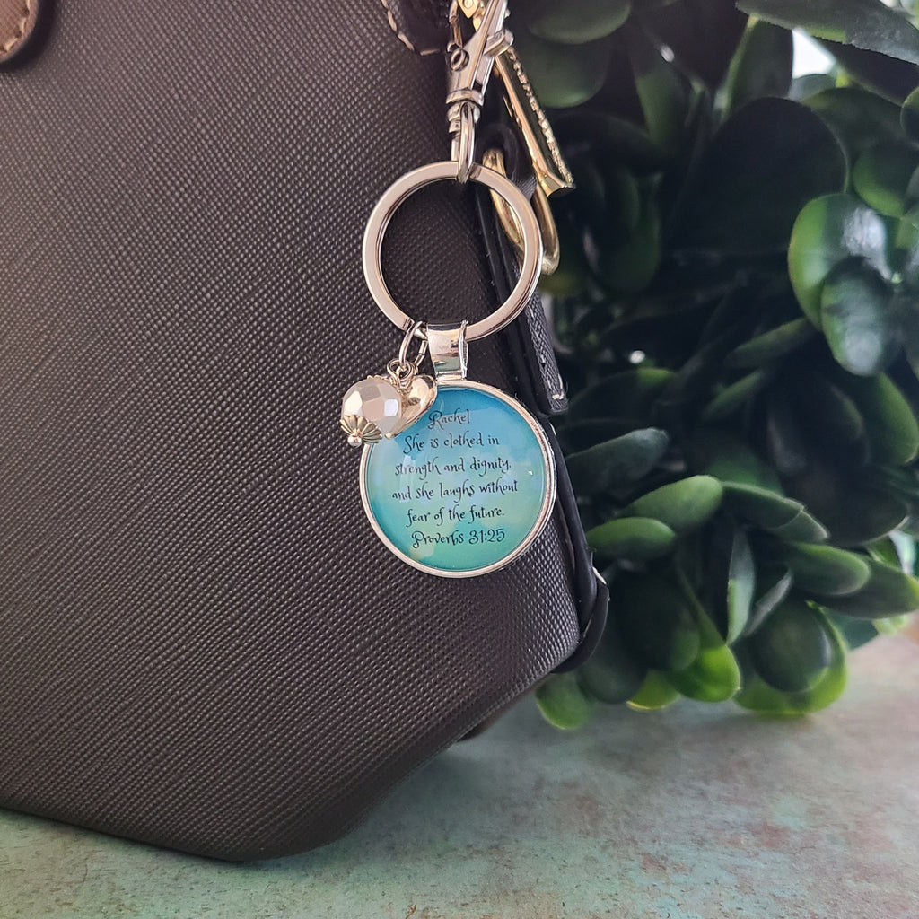 She Is Clothed in Strength and Dignity Necklace or Keychain | Proverbs 31:25 Bible Verse | Christian Scripture Gift for Her | Personalized