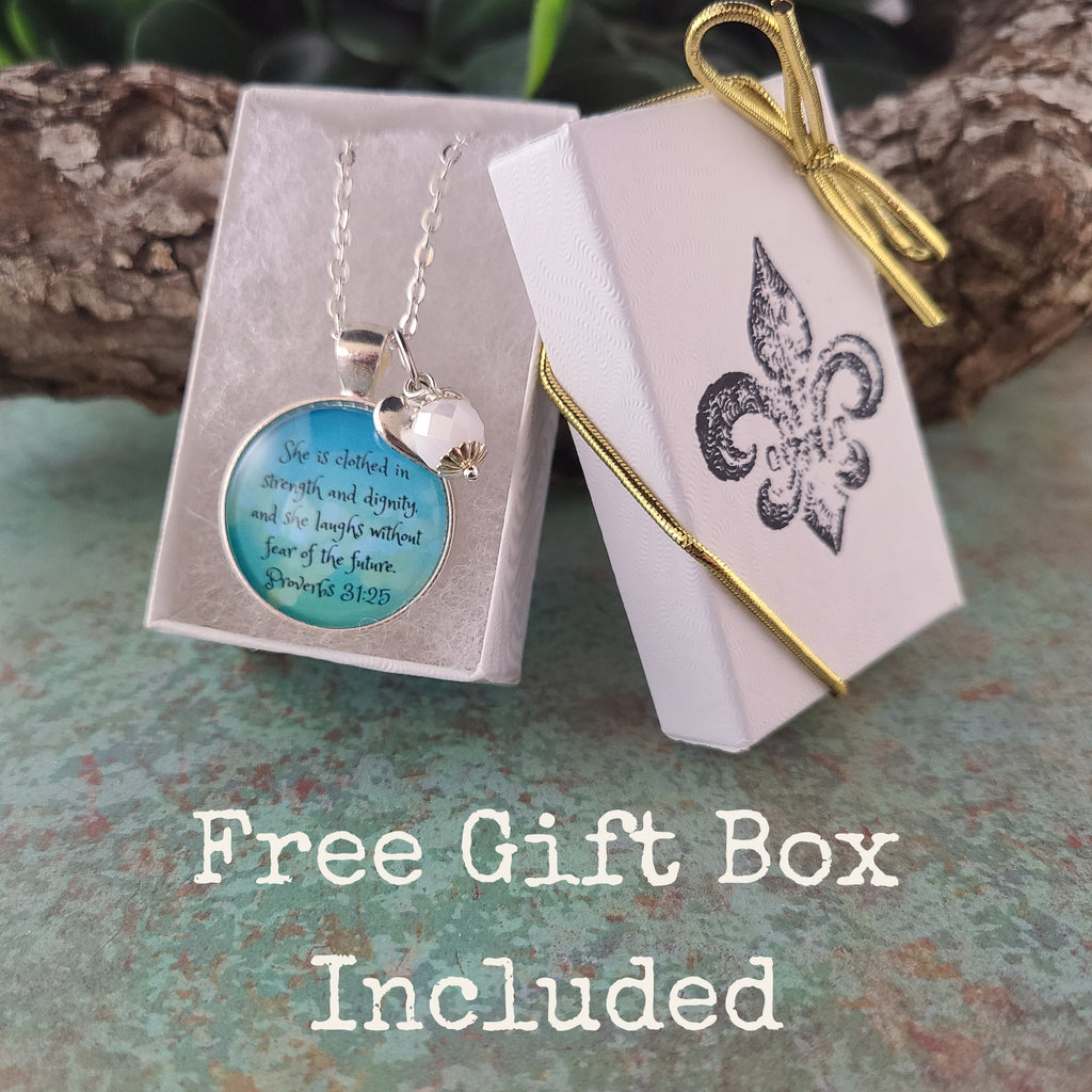 She Is Clothed in Strength and Dignity Necklace or Keychain | Proverbs 31:25 Bible Verse | Christian Scripture Gift for Her | Personalized