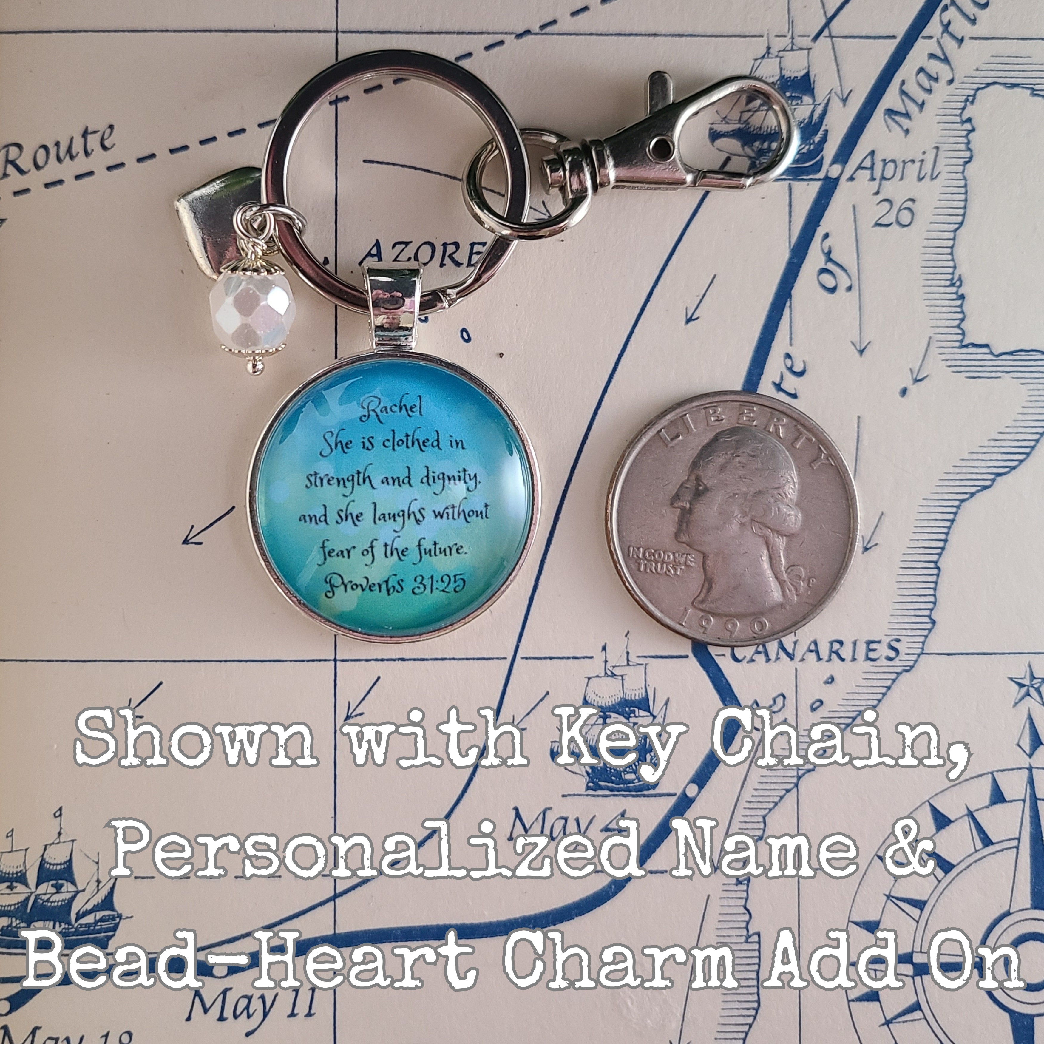 She Is Clothed in Strength and Dignity Necklace or Keychain | Proverbs 31:25 Bible Verse | Christian Scripture Gift for Her | Personalized