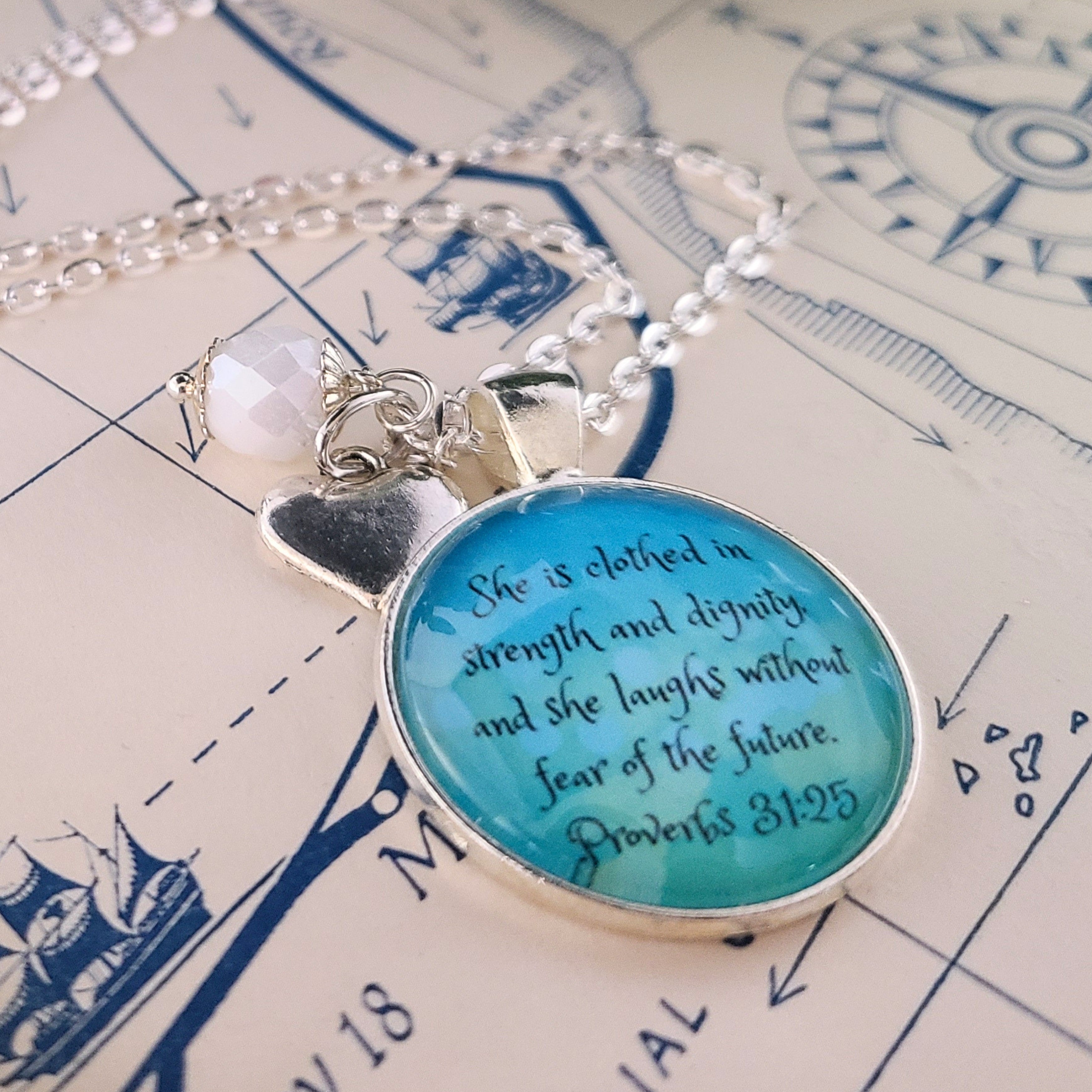 She Is Clothed in Strength and Dignity Necklace or Keychain | Proverbs 31:25 Bible Verse | Christian Scripture Gift for Her | Personalized