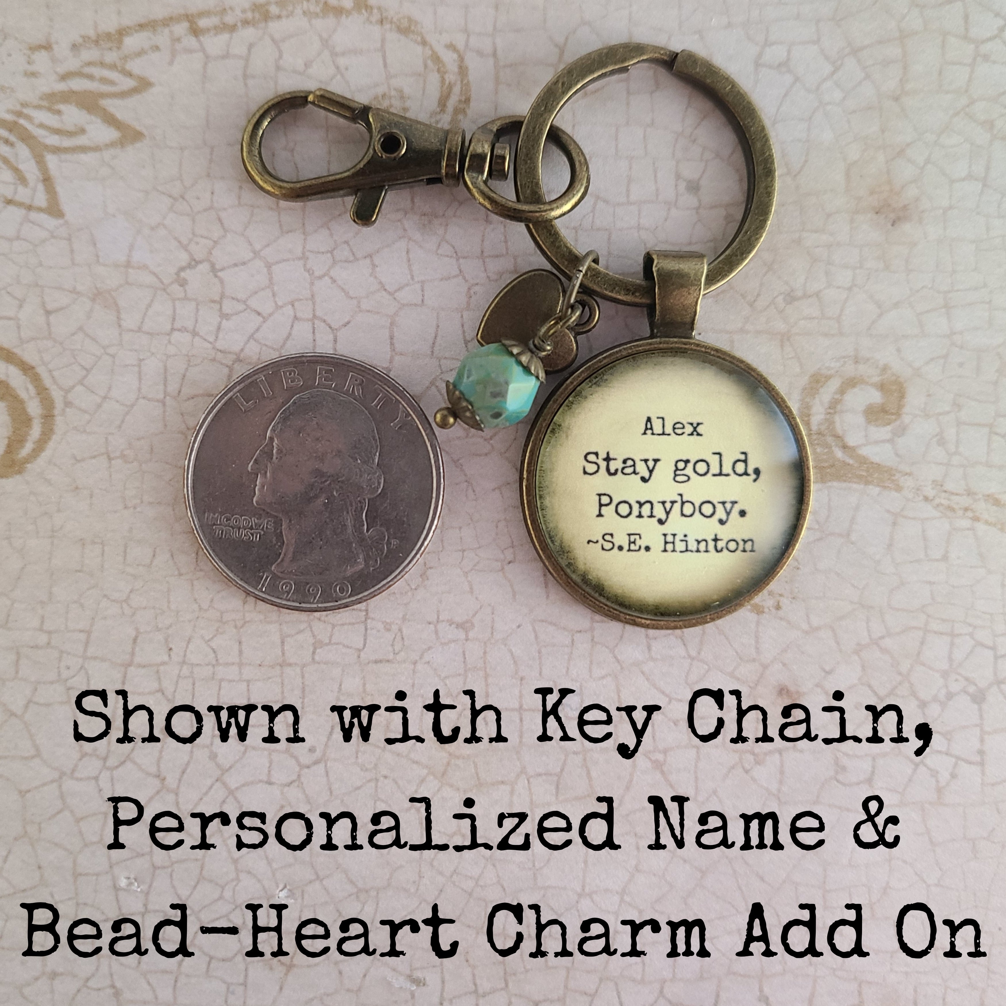 S.E. Hinton Quote Necklace or Keychain, Stay Gold Ponyboy, Outsiders Vintage Paper Pendant, Graduation Friendship Gift, Personalized Name