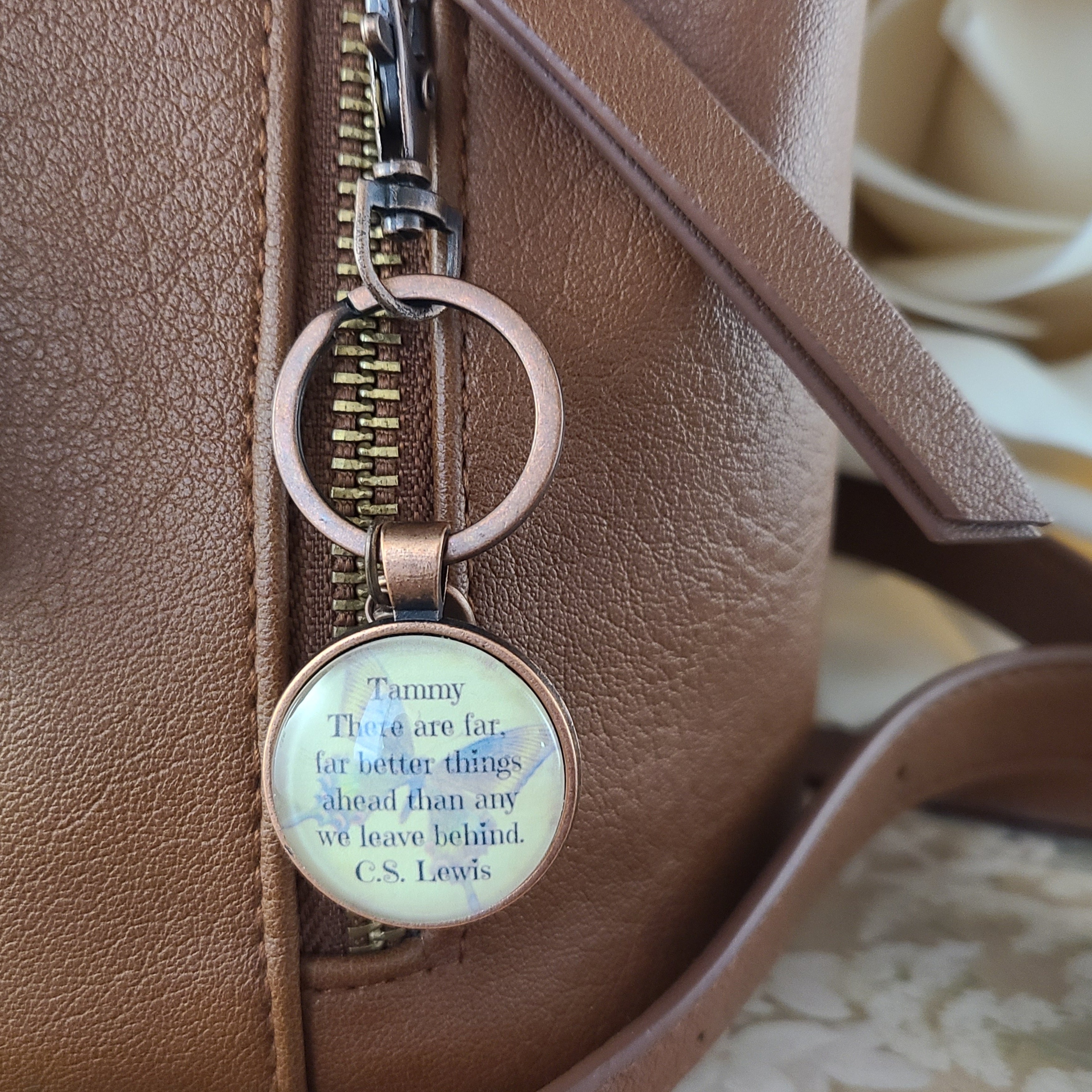 C.S. Lewis Quote Necklace or Keychain, There Are Far Far Better Things Ahead, Vintage Butterfly Glass Pendant, Personalized Gift