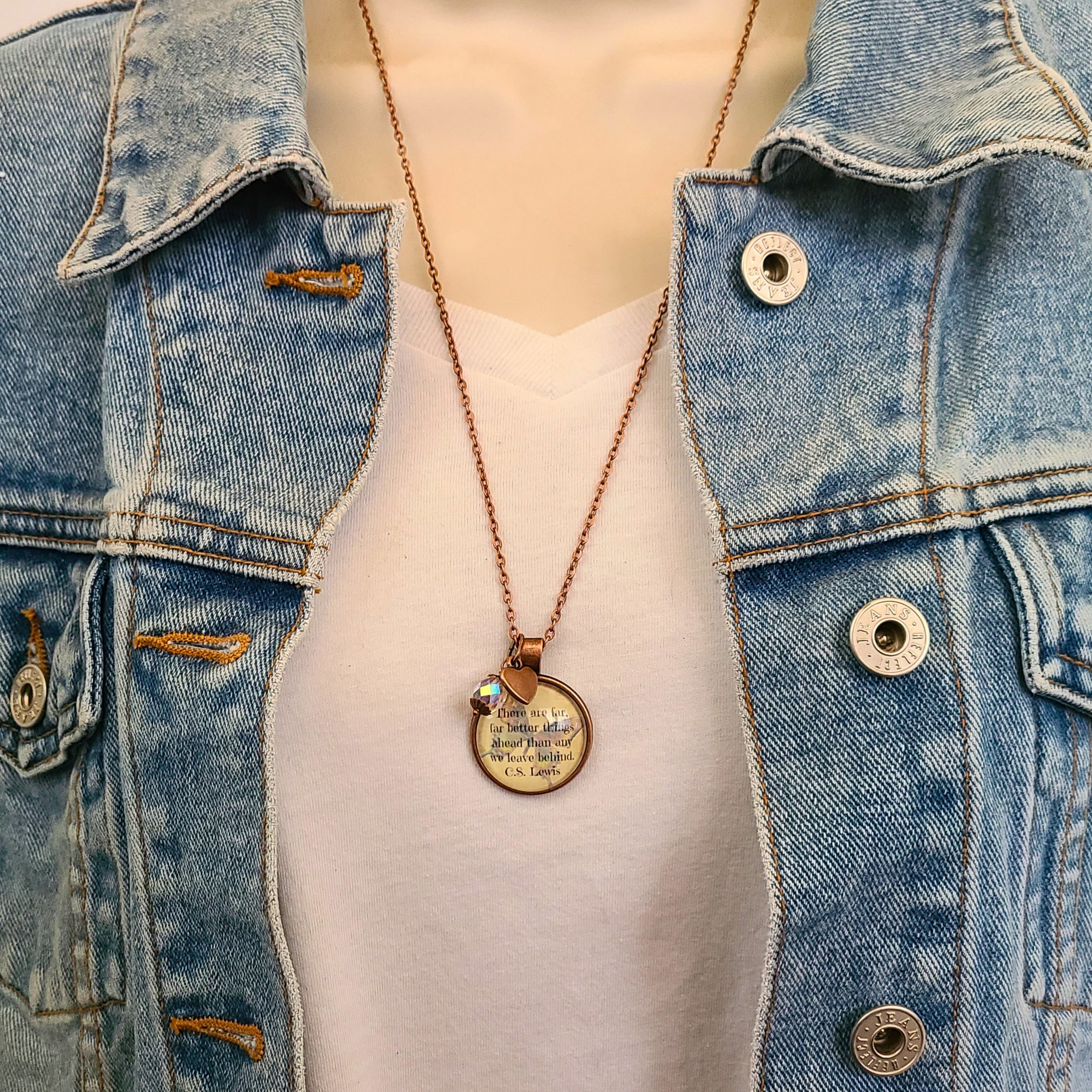 C.S. Lewis Quote Necklace or Keychain, There Are Far Far Better Things Ahead, Vintage Butterfly Glass Pendant, Personalized Gift