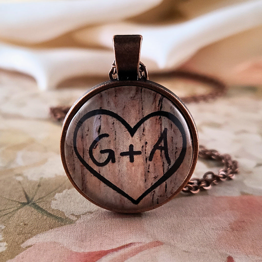 Tree Carving Initials Necklace or Keychain, Couple's Heart Carving, Custom Initials, Romantic Gift