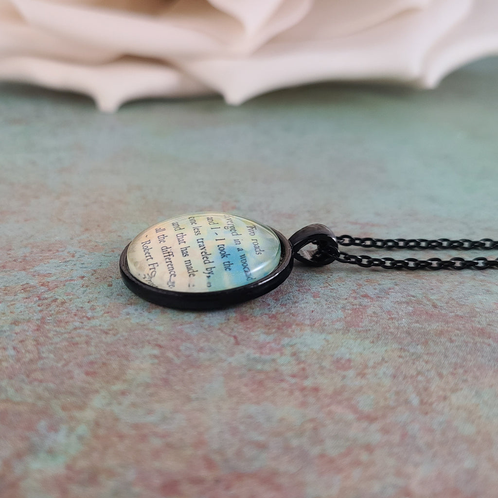 Robert Frost Necklace, The Road Less Traveled, Two Roads Diverged Quote Pendant