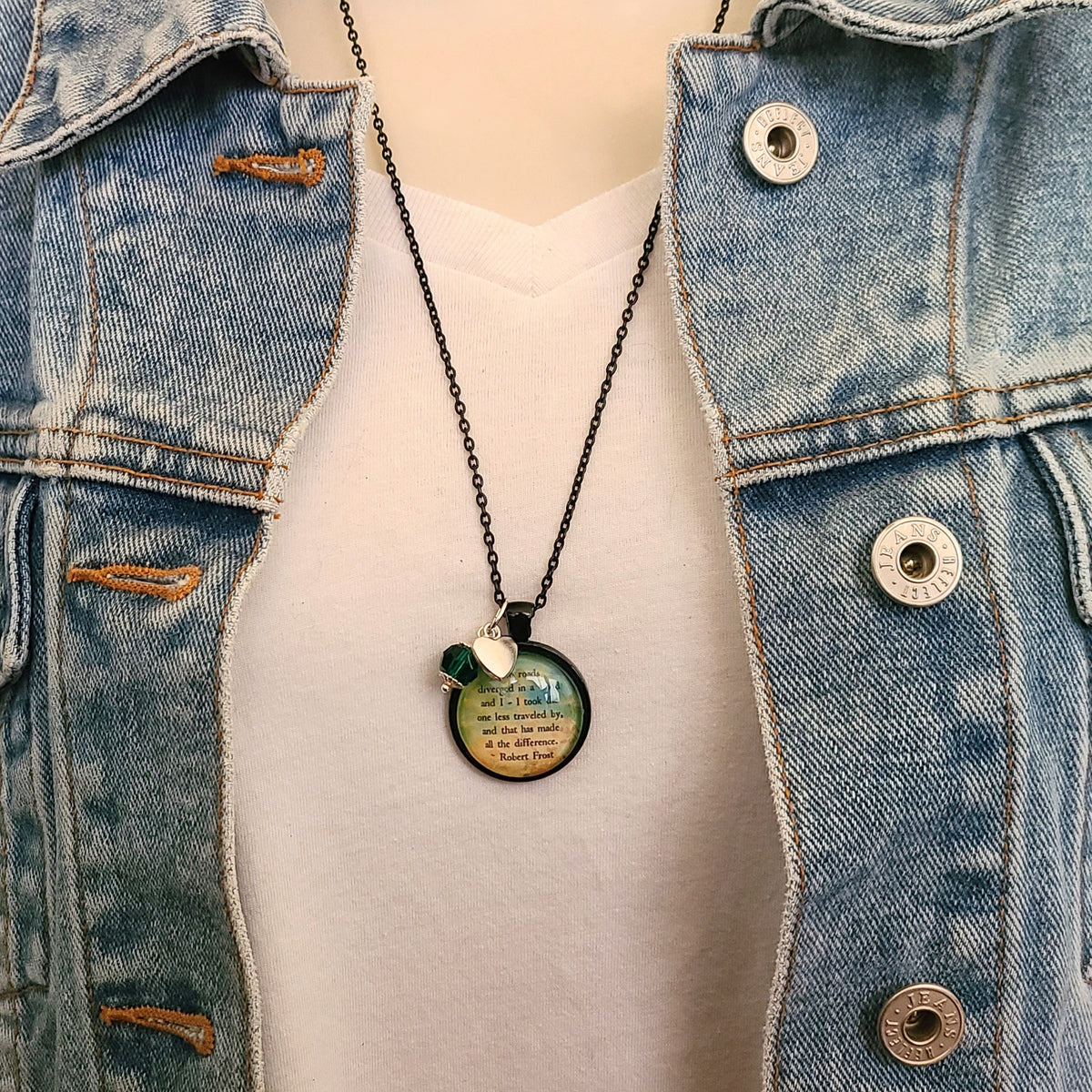 Robert Frost Necklace, The Road Less Traveled, Two Roads Diverged Quote Pendant
